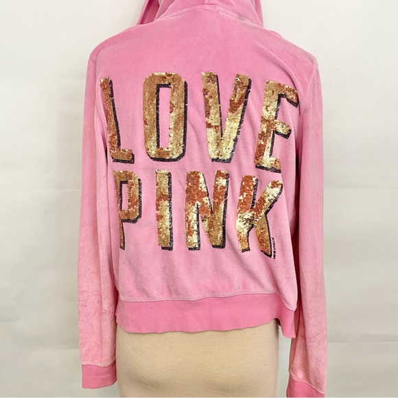 PINK Victoria's Secret Tops - Victoria’s Secret PINK Vintage Rare Velour Full Zip Sequin Hoodie Bubblegum Pink